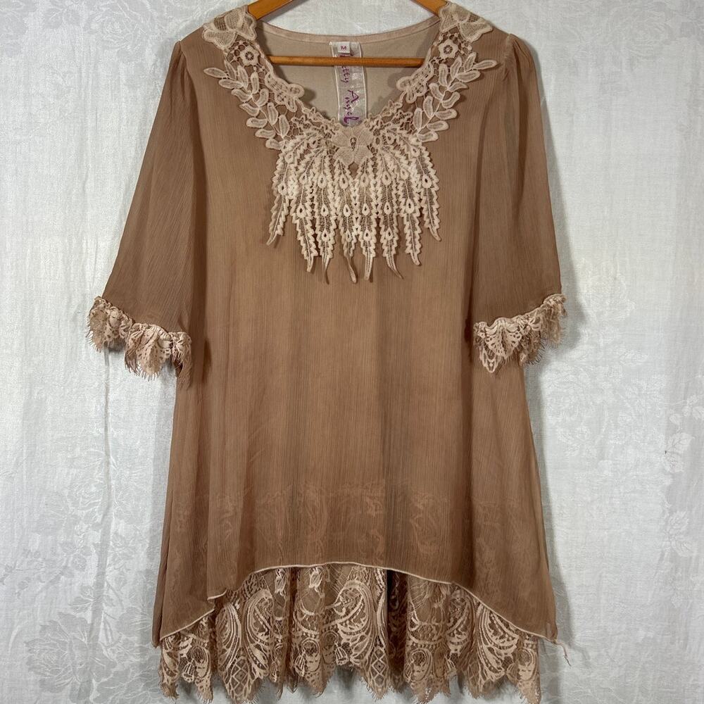 Pretty Angel Tunic Medium Tan Lace Trim Gauze Layered Silk Blend Fairy boho